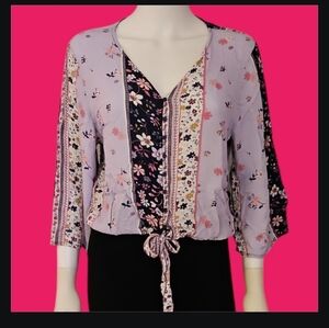3/$30 ANA Lavendar Floral Cropped Flare Sleeve Tie-Waist Blouse